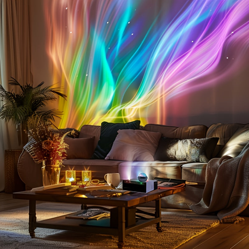 Aurora Borealis projector: USB-powered, multi-color remote, PVC material, ≤36V, safe for home lighting.