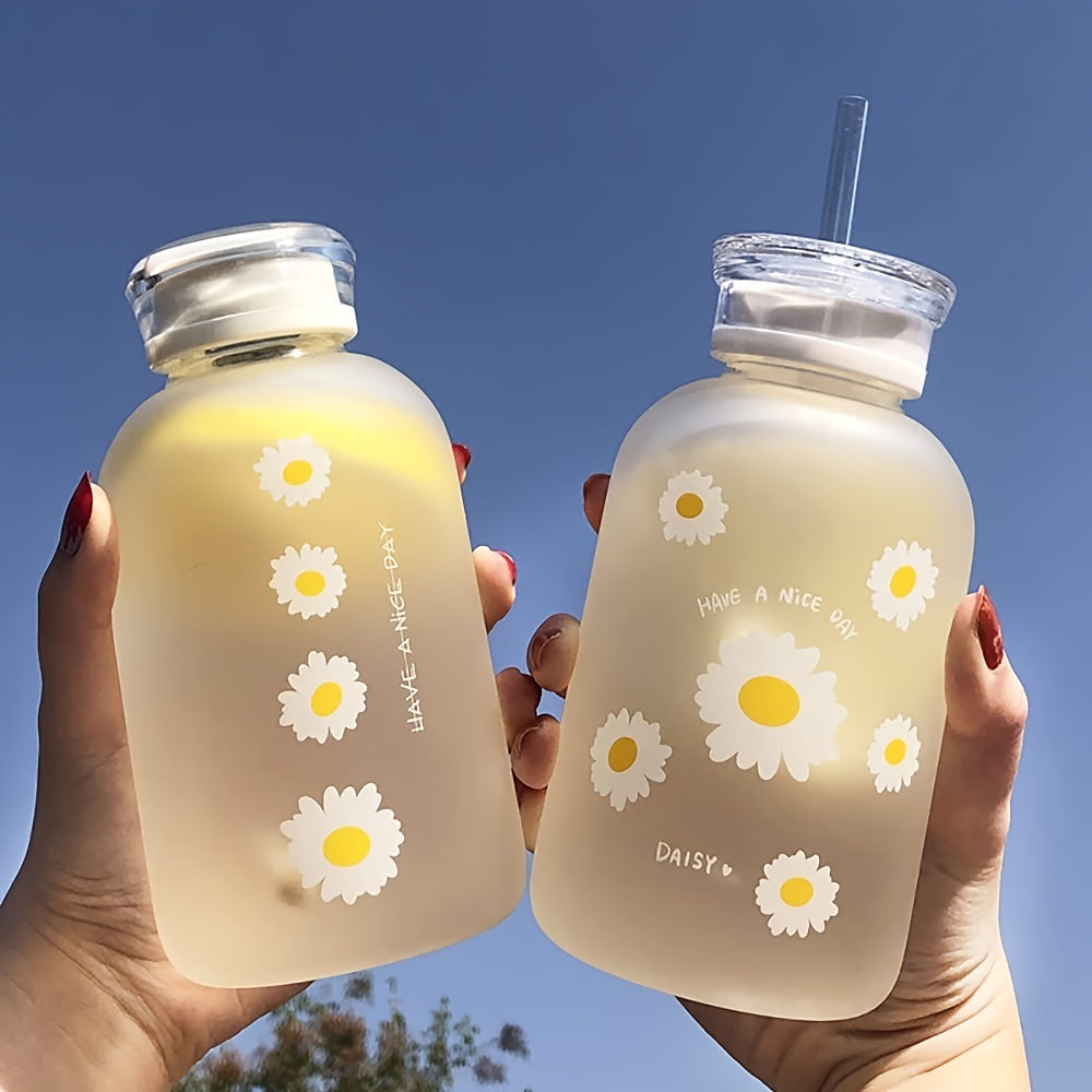 1 Matte glass water bottle with straw and scale, featuring a cute daisy sunflower design. Portable, convenient, perfect for back to school supplies.