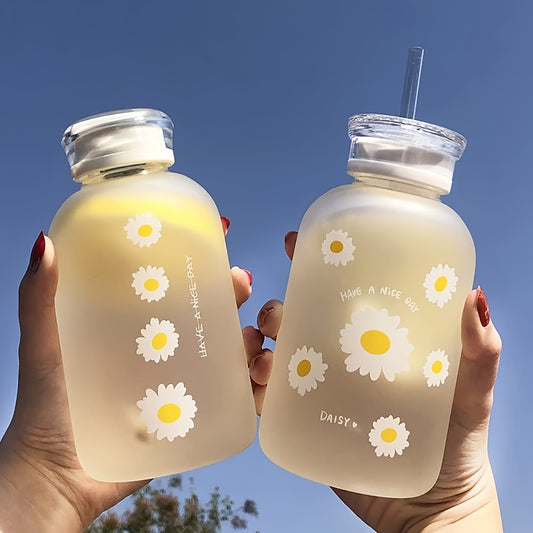 1 Matte glass water bottle with straw and scale, featuring a cute daisy sunflower design. Portable, convenient, perfect for back to school supplies.