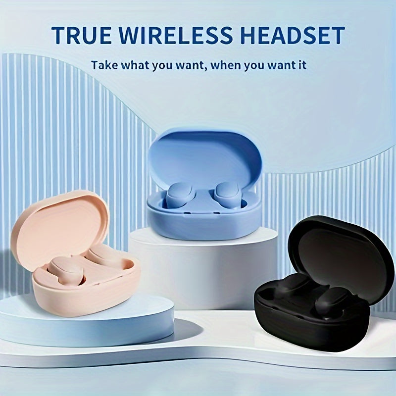 Compact TWS Wireless Earbuds in beige, blue, & black with USB-C charging case. Ideal for sports and a perfect holiday gift.