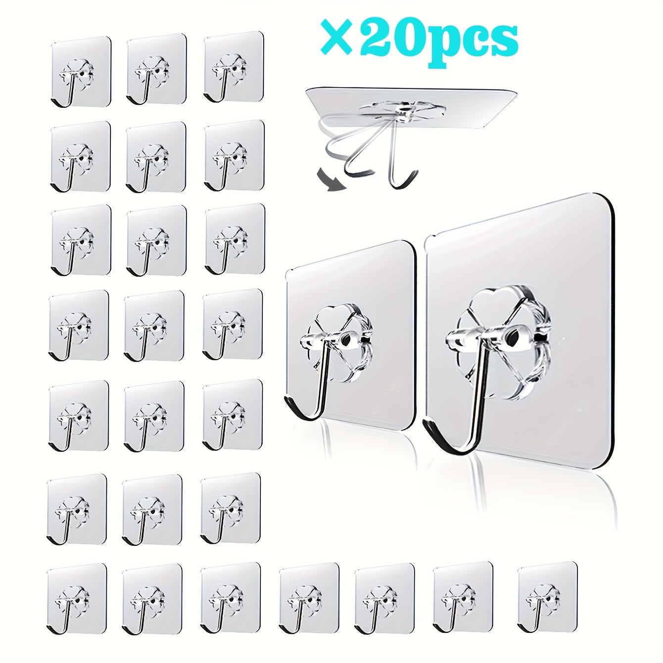 Set of 20 adhesive hooks that are easy to install without the need for drilling. These hooks are sturdy, durable, and perfect for organizing your kitchen and bathroom.