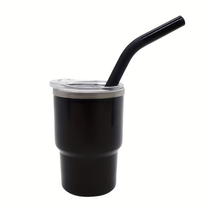 A 3oz car cup pack containing an outer plastic and inner steel construction, with a stainless steel stretch liner and a silicone sleeve straw.