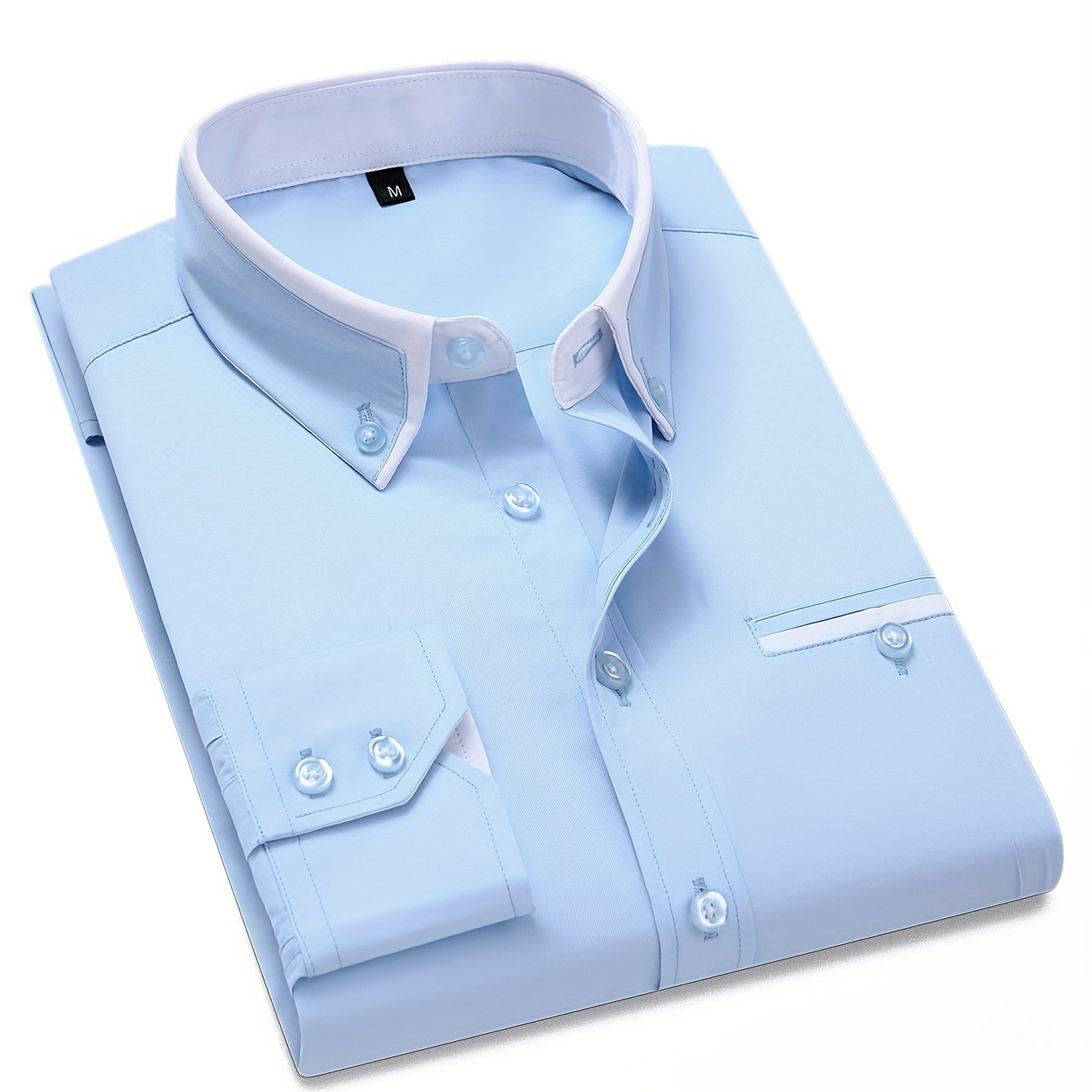 Long sleeve men's dress shirts with contrast lapel collar design, suitable for formal occasions.