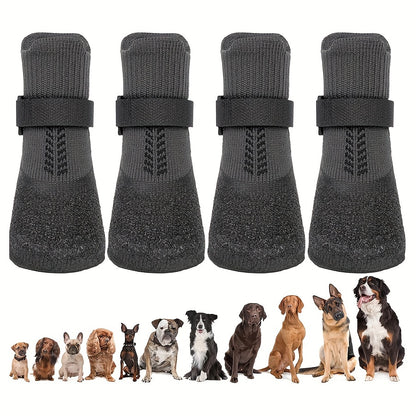 Set of 4 Waterproof Dog Shoes for all seasons, suitable for small to extra large breeds. Adjustable, breathable, and durable with slip-resistant soles. Machine washable polyester, rubber