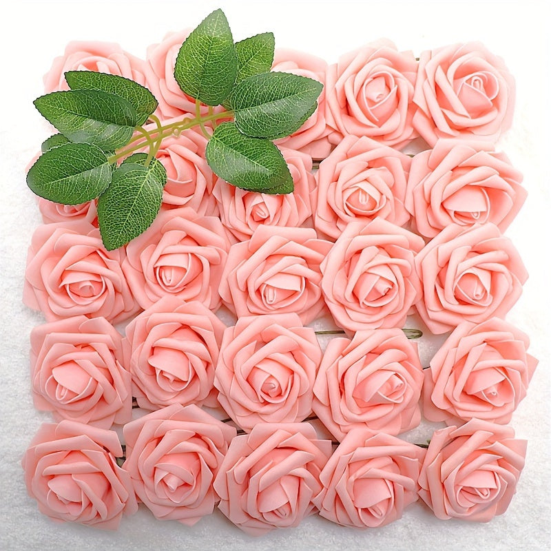 25 artificial roses with 2 green leaves, perfect for weddings, holidays, birthdays, parties, and home decor.