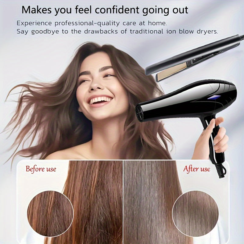 Professional hair dryer and straightener set for women with European plug, includes comb and brush accessories, fast heating brush motor.