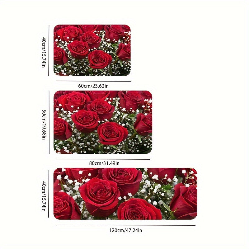 Soft premium rose flower kitchen mat made of anti-fatigue polyester, suitable for entryway, bedroom, living room, and more. Easy to clean as it is machine washable, perfect for home decor, balcony door carpet, and sink area.