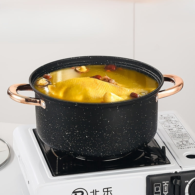 This stainless steel cookware set includes twelve pieces, featuring non-stick pots and utensils that are high temperature resistant and easy to clean. The high-end gold-plated handles add a touch of sophistication to the set. It comes with four pots