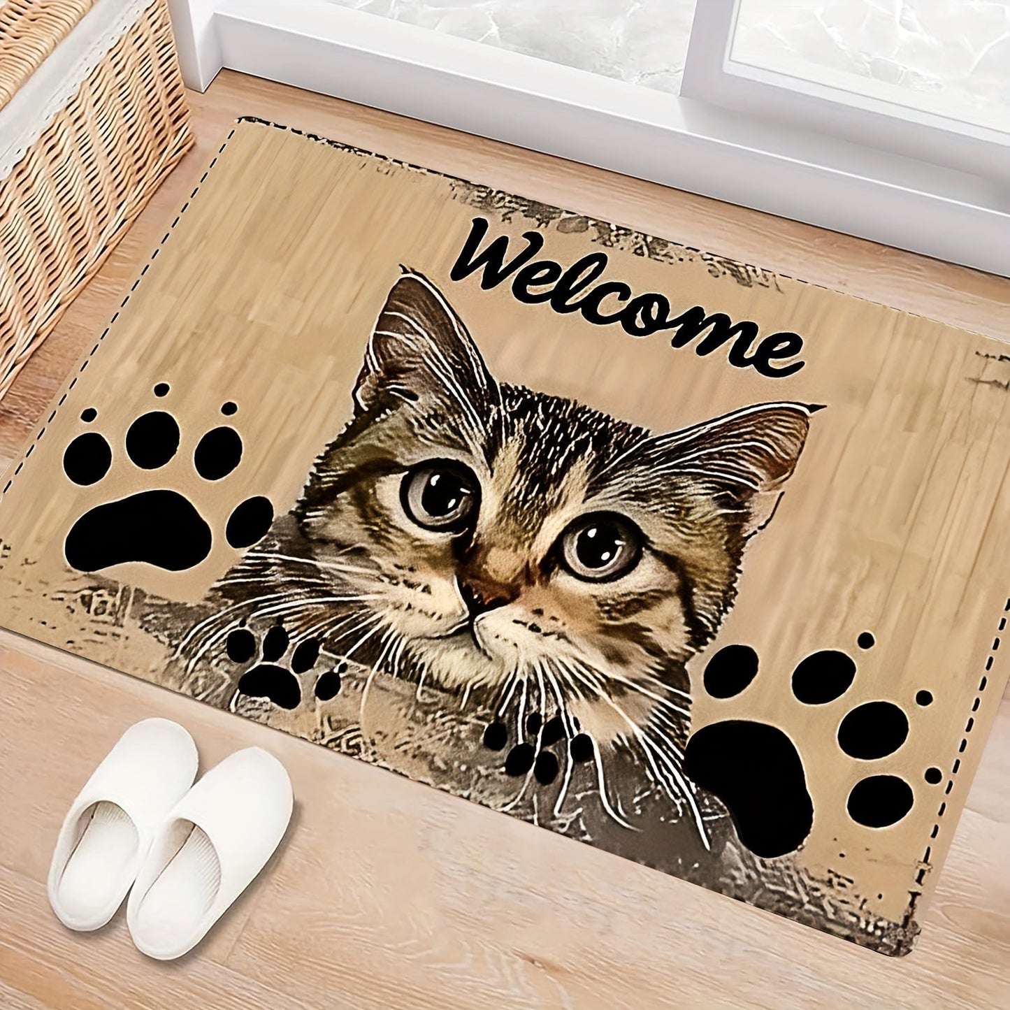 Charming Cat Design Welcome Mat - Durable, Grip-Enhancing, Easy-Clean Polyester Rug for Living Room, Bedroom, or Game Area