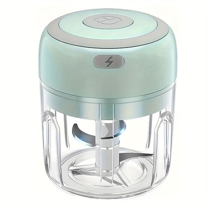 The handheld wireless garlic grinder is a mini electric food chopper with a 250ml capacity. It is portable and rechargeable via USB, made of plastic and suitable for blending fruits, vegetables, onions, nuts, and meat. The chopper operates automatically