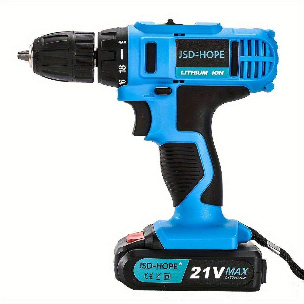 Cordless impact drill with brushless motor, rechargeable lithium battery, and multi-function capabilities. Charger included.