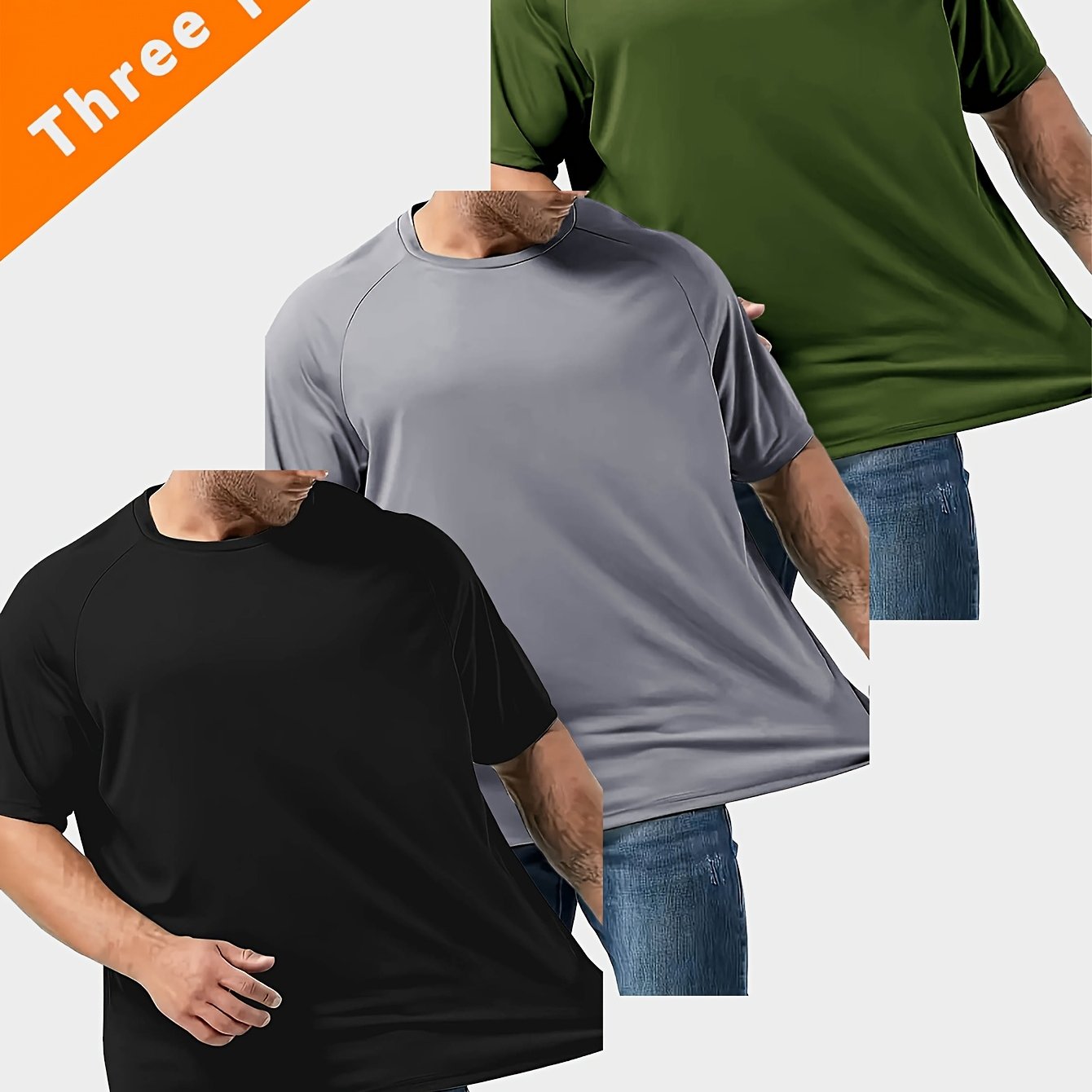 Three large solid short-sleeve sports t-shirts for men, versatile for outdoor activities and leisure, plus size