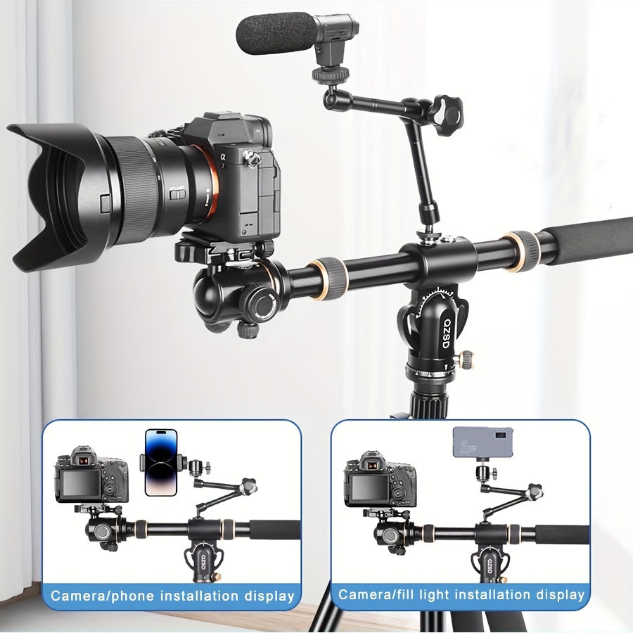 Lightweight horizontal pole with small camera swing arm for shooting vertically at 90 degrees. Compatible with DSLR, mirrorless cameras, and mobile phones. Bottom interface is 3/8 inch and