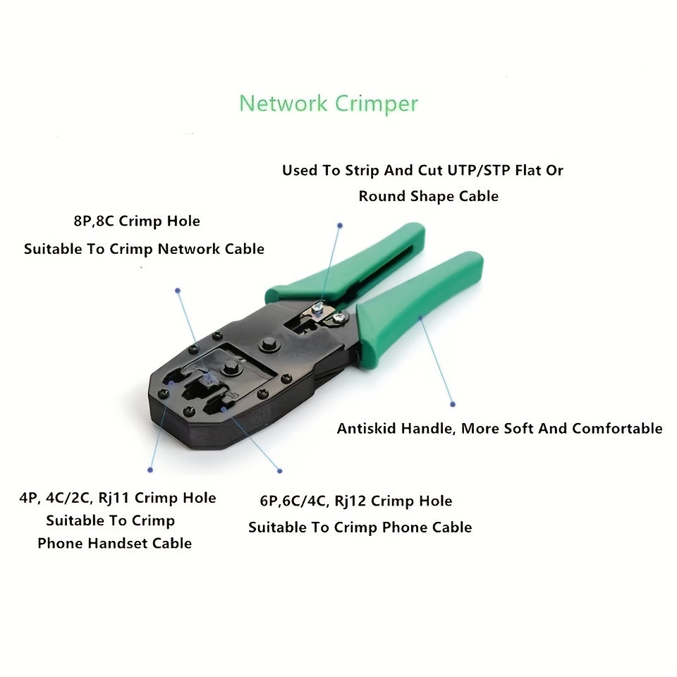 11-in-1 portable network tool kit for Cat5, Cat5e, and Cat6 cables, including Ethernet cable crimper, connectors, cable tester, and punch down tool.