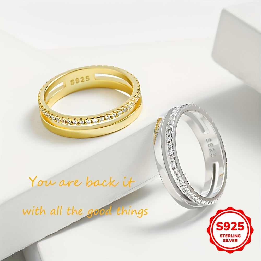 An exquisite and chic European and American style golden ring crafted from 2.2g of 925 silver with double-layered zirconia, perfect for everyday wear. This stunning piece makes a great Valentine's Day gift for women.