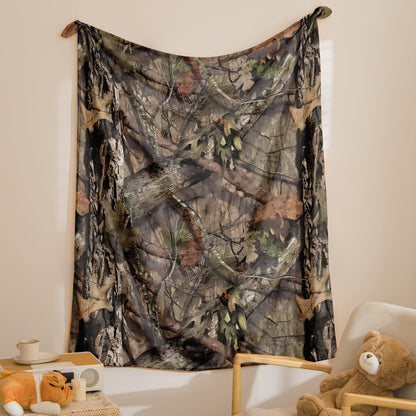 Ultra-clear digital print flannel hunting camouflage forest blanket, incredibly cozy and snug, perfect for outdoor adventures, traveling, staying cool indoors, or catching a quick nap.