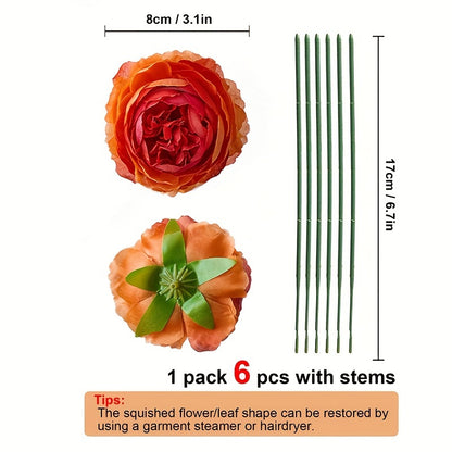 6 Vibrant Peach & Red Gradient Artificial Peony Stems, 7.98cm Diameter - Ideal for DIY Wedding Decor, Cake Decorations, and Home Table Centerpieces.