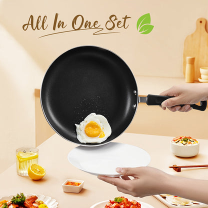 Set of 3 nonstick frying pans, suitable for induction cooking. Includes pans in sizes 20.32cm, 24.13cm, and 27.94cm, perfect for making omelettes and frying eggs. PFOA and PFAS free, safe for kitchen cooking.