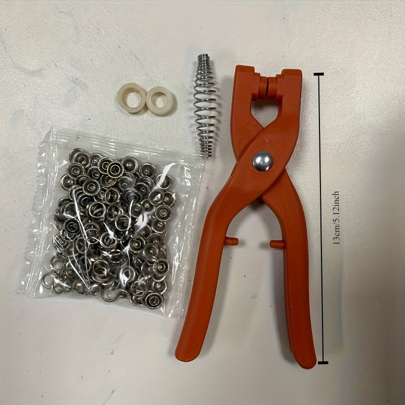 Snap button kit with hand press pliers (50 pcs) in orange, perfect for DIY crafts, clothing, hats, bags, and sewing essentials.