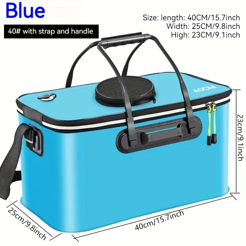 Compact EVA fishing gear bag with collapsible live fish bucket and tackle storage, waterproof and zip closure for camping.