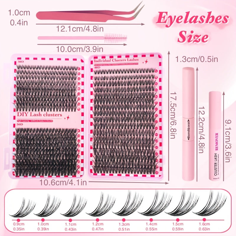 700-piece DIY Eyelash Extension Kit with 2-in-1 bond applicator, tweezers, glue remover, brush and mixed lashes in various lengths and curls. Reusable and perfect for beginners.