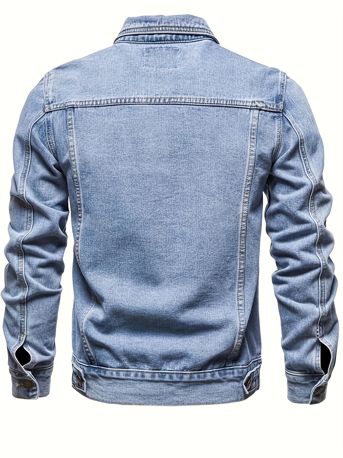 Men's casual street style denim jacket with multiple pockets.