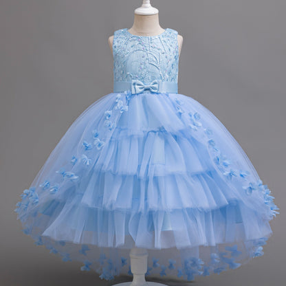 Elegant sleeveless dress with tiered mesh tutu, fake pearls, bowknot, and floral design for parties and balls.