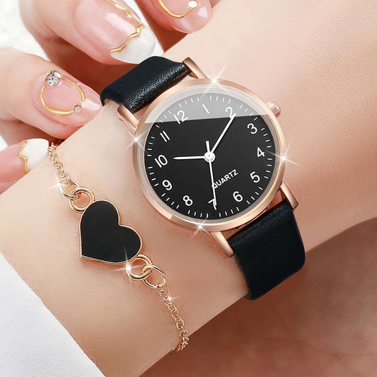 4-piece set of elegant women's quartz watch and heart charm bracelet combo with simple fashion analog dial, alloy case, faux leather strap, round shape, and battery operation. Boxes not