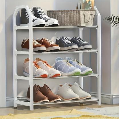 Stylish Black Shoe Rack with 4 Tiers, Sturdy Metal Construction - Easy to Assemble, No Unpleasant Odors. Perfect for Home or Business, Ideal for Entryway or Bedroom. Features White and Blue Shoes Display. Great Shoe Storage Solution.