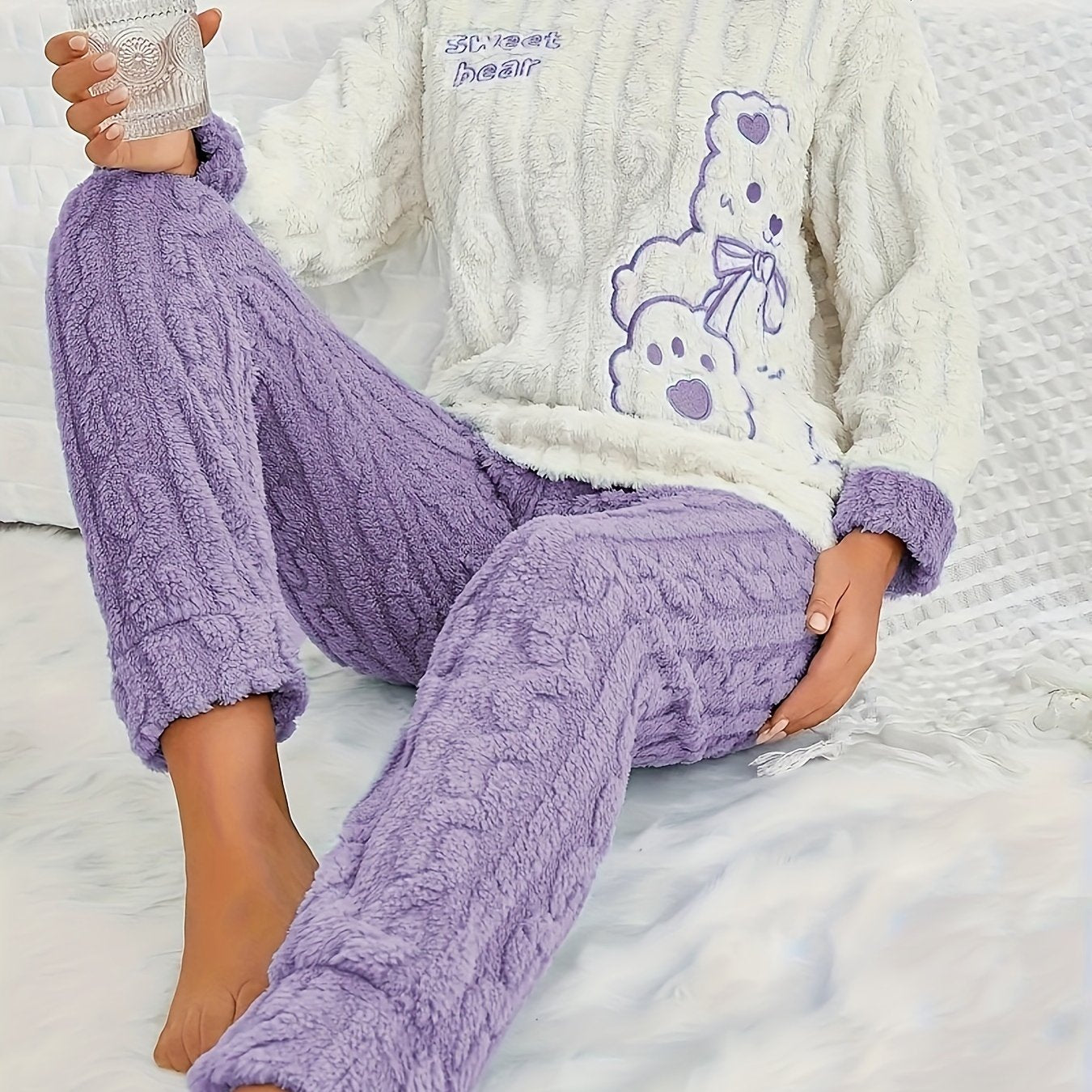 Women's cute teddy and cartoon embroidered fleece pajama set with long sleeve crew neck top and long pants. Comfortable loose fit winter sleepwear.