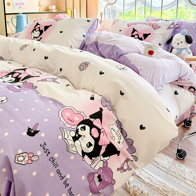 4-piece Sanrio bedding set includes 1 quilt cover, 2 pillowcases, and 1 sheet. Soft, comfortable, and durable. Bedding set measures 200.0cm * 230.0cm and is purple in color. Quilt and