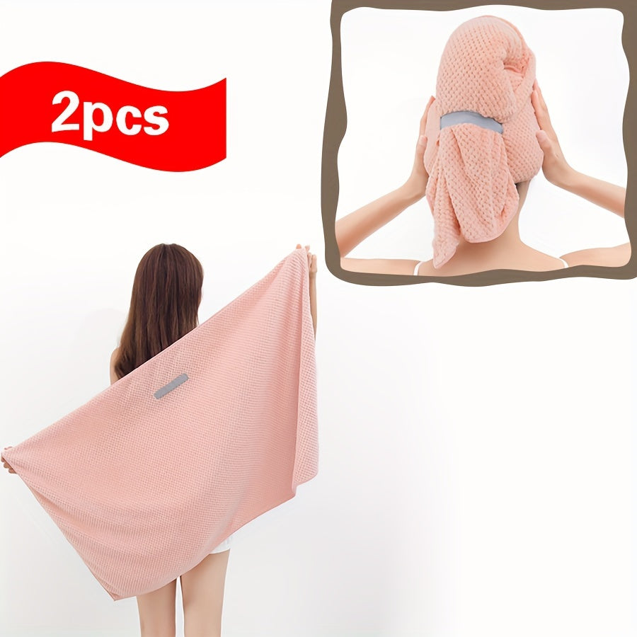 Fast-drying microfiber hair towel for women with long, thick, and curly hair. Soft coral fleece material with elastic band for everyday comfort. Beige textured design for quick drying.