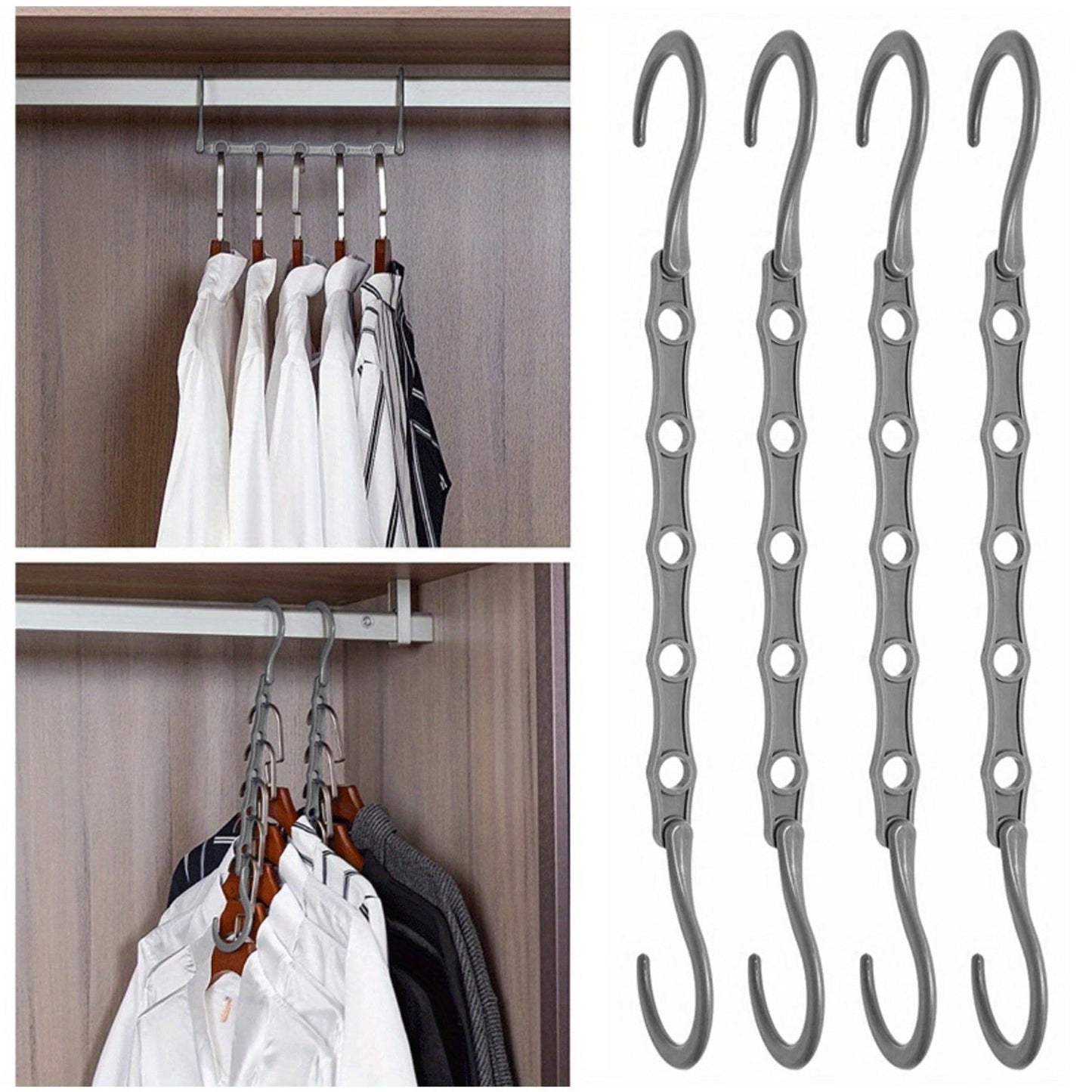 Organize your closet with the 6 Pack Magic Hangers - a space-saving solution for heavy clothes storage. These sturdy plastic hangers will maximize your closet space and keep your wardrobe neat and tidy.