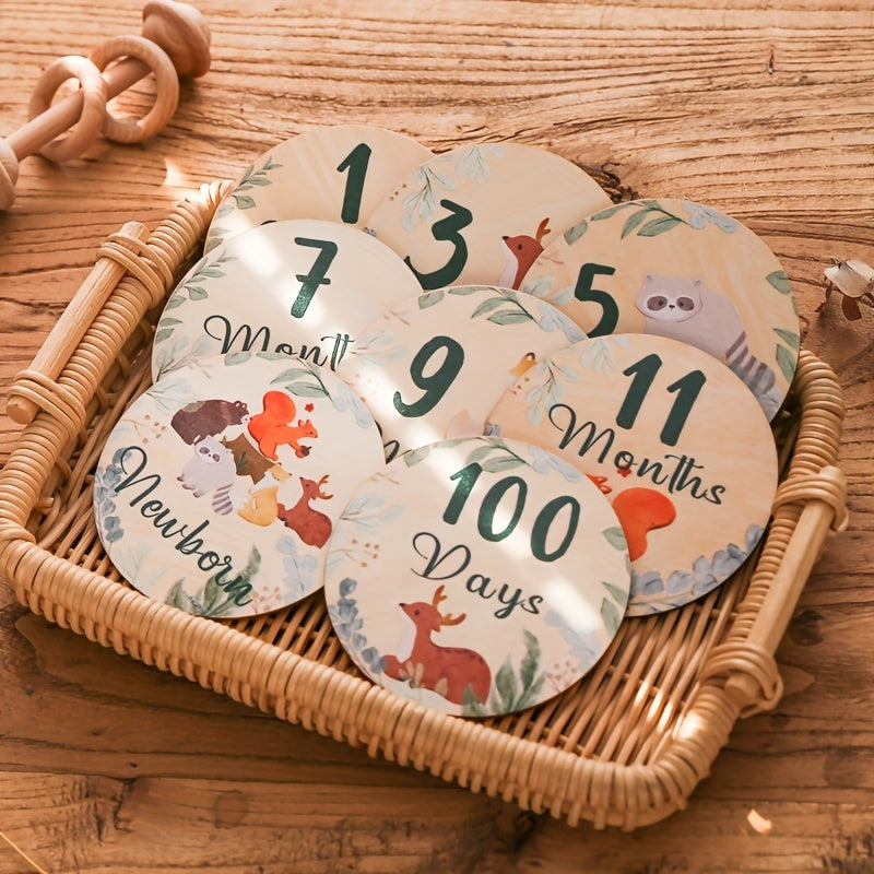 Wooden Milestone Coasters featuring Forest Animals - Perfect for Capturing Growth Month Photos and Creating Lasting Memories in Baby's First Year