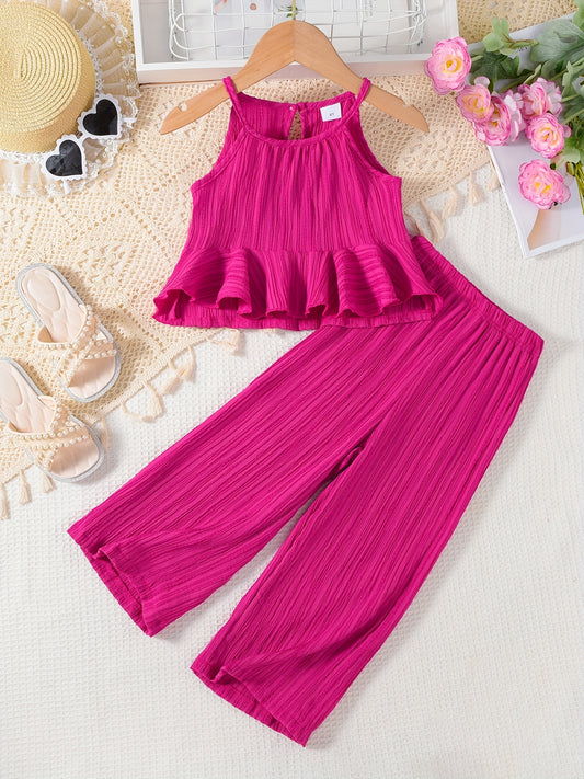 Girl's sleeveless sling top + straight pants trendy set for summer outdoor holiday outfits.