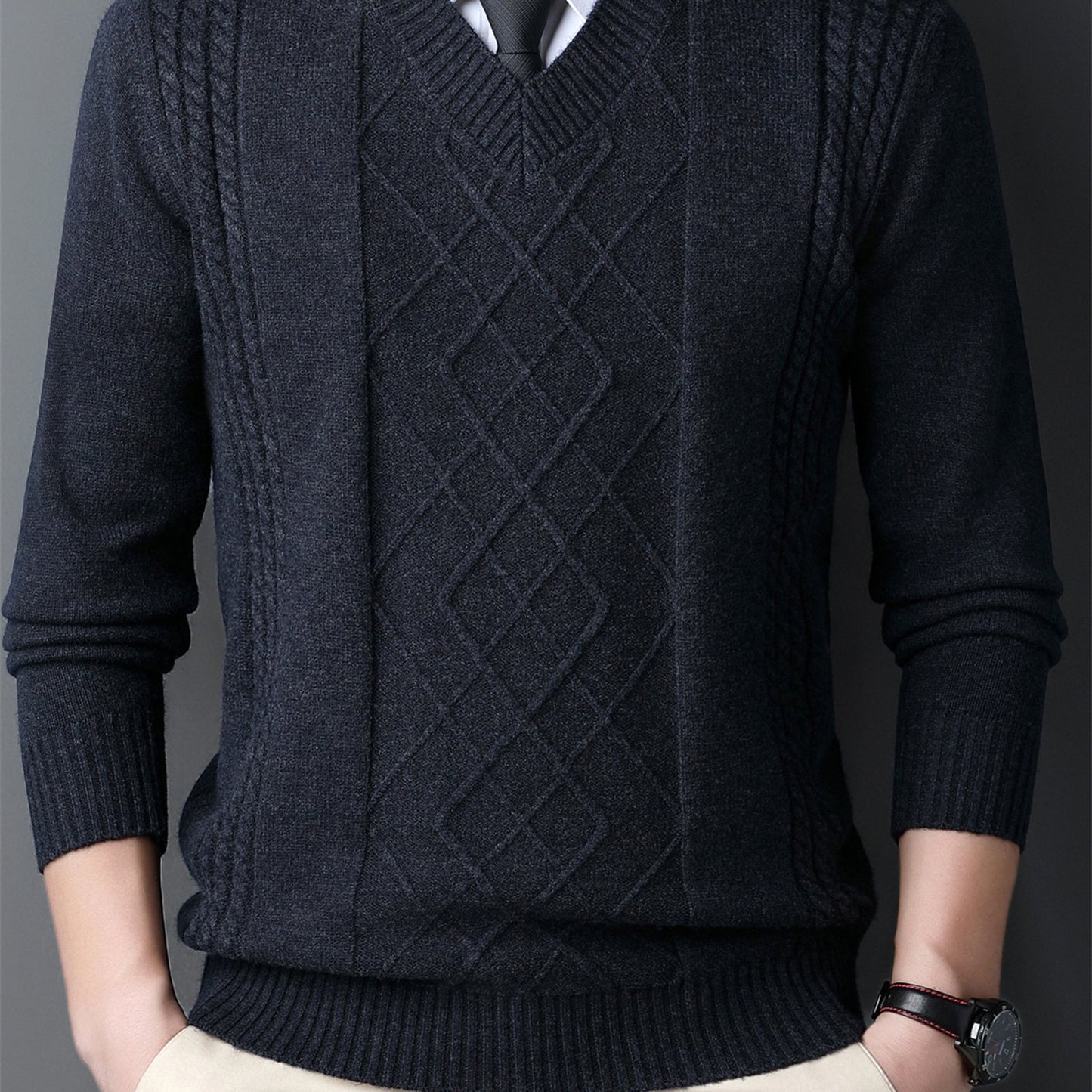 Men's red V-neck sweater with diamond pattern, long sleeves, ideal for fall and winter, can be layered for a formal look.