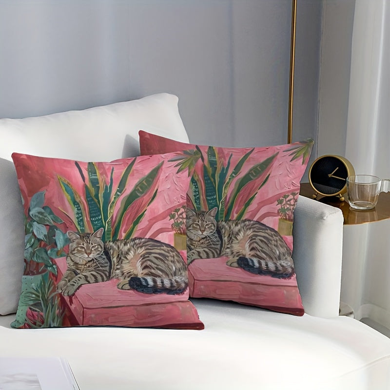 One piece of Glam Style Throw Pillow Cover featuring an Oil Painting Cat & Tropical Plants Print. This Machine Washable Polyester Decorative Cushion Case measures 44.96cm and comes with a Zipper. Perfect for use on the Sofa, Bed, or Car.