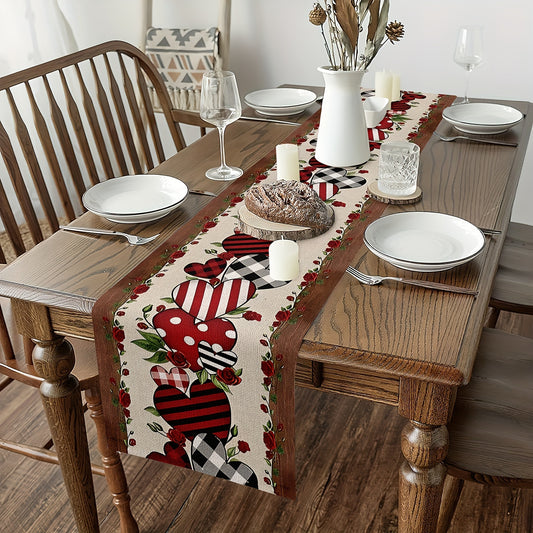 Washable kitchen table runner with Valentine's Day theme, red heart leaf design, and non-slip insulated backing. Perfect for parties and adding a festive touch to your table.