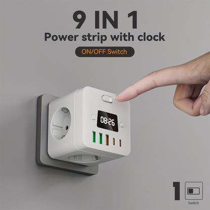 9 in 1 Power Strip with Clock - European Standard Plug Wall Outlet Splitter: 5 USB Ports (2 USB-C), 3 Sockets, Surge Protection & On/Off Switch. Ideal for Home, Office, Travel.