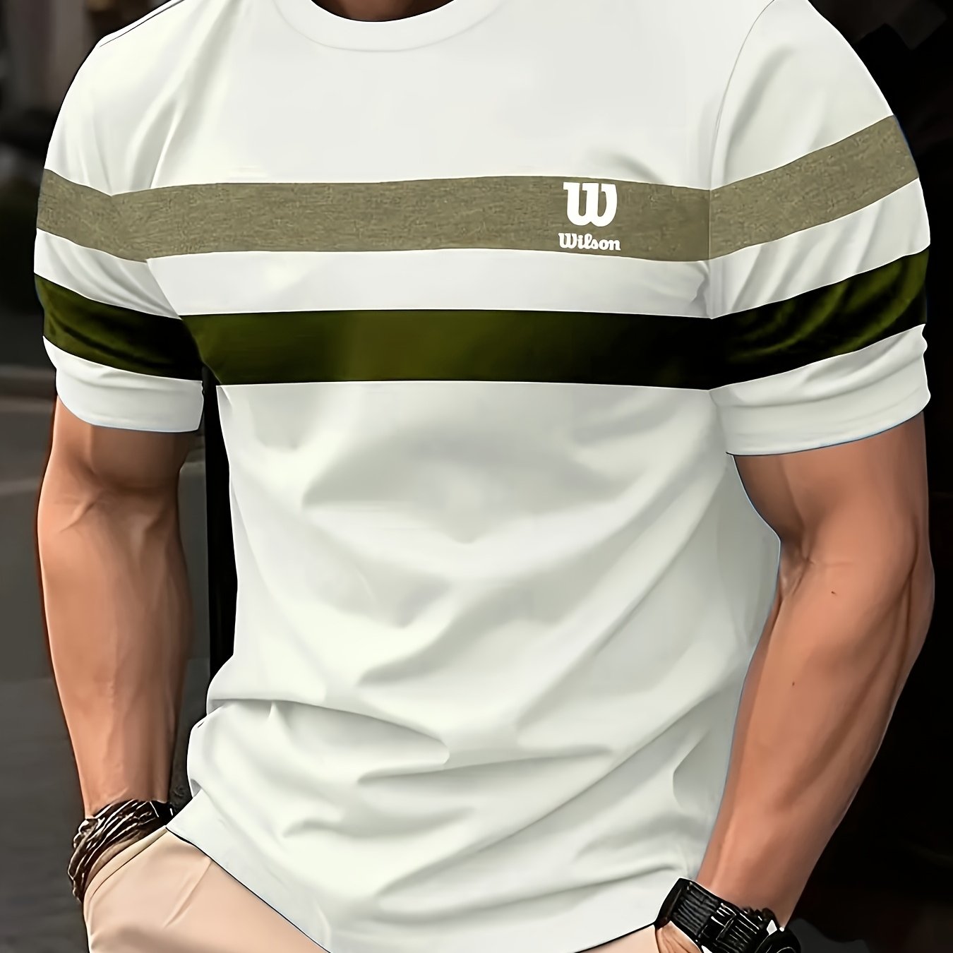 Men's Lightweight Casual T-Shirt with Green and White Striped Side Panels and "W" Print, Round Neck, Machine Washable