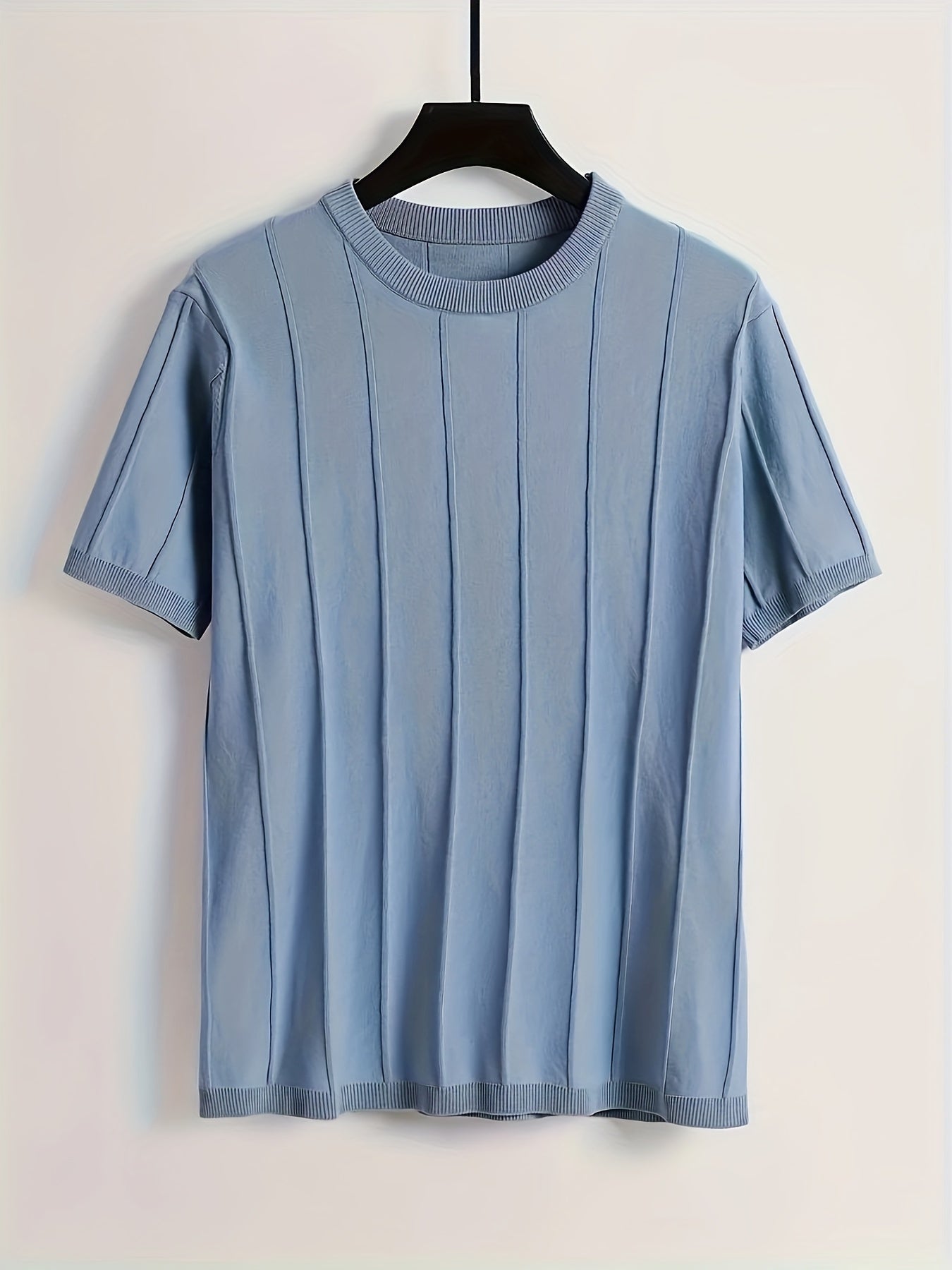 100% Cotton Men's Casual Ribbed Knit T-Shirt with Short Sleeves, Crew Neck, and Striped Design for Summer.