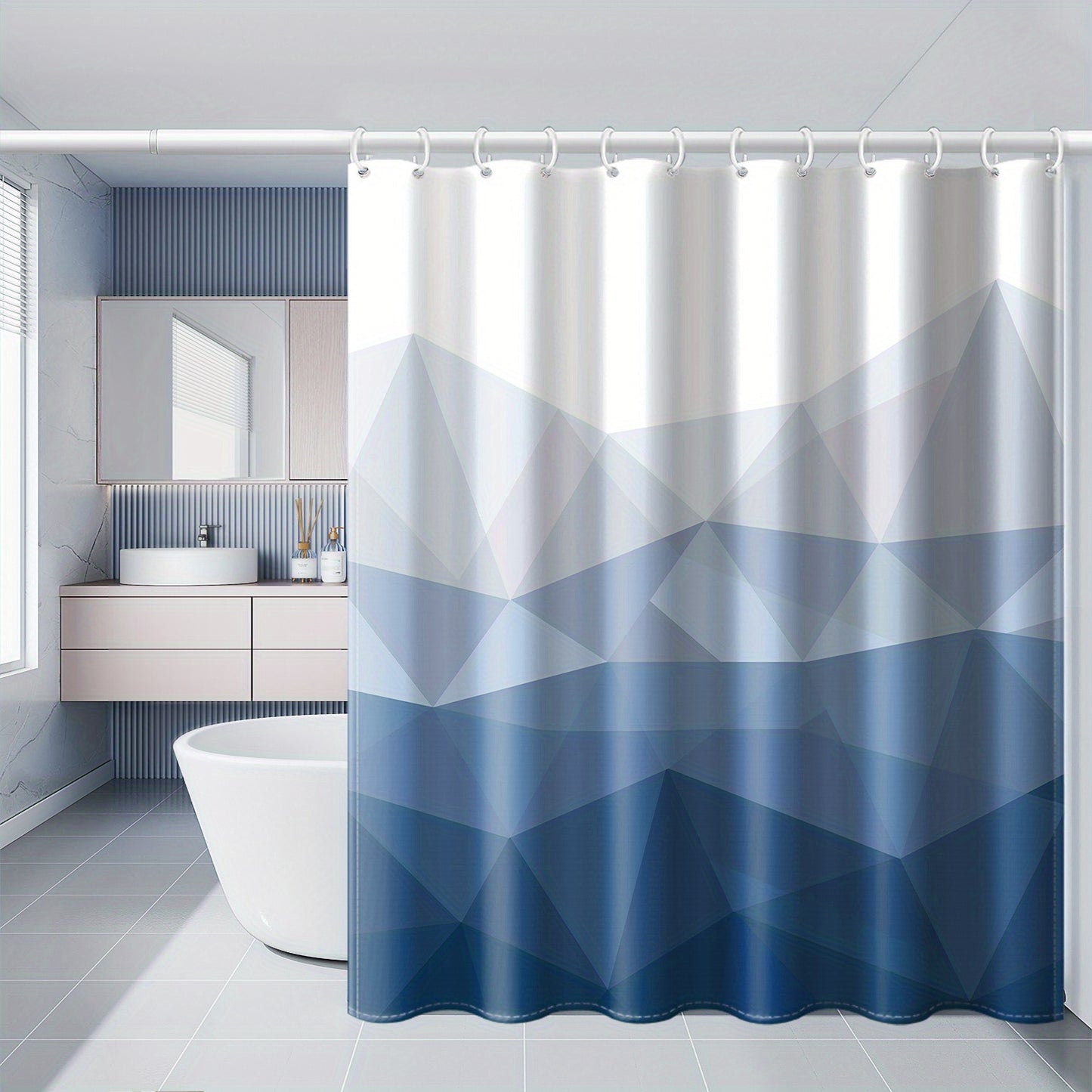 Blue gradient geometric pattern shower curtain with 12 hooks, made of waterproof polyester, suitable for home or hotel bathrooms. Machine washable and can also be used as a window curtain for bathroom décor.