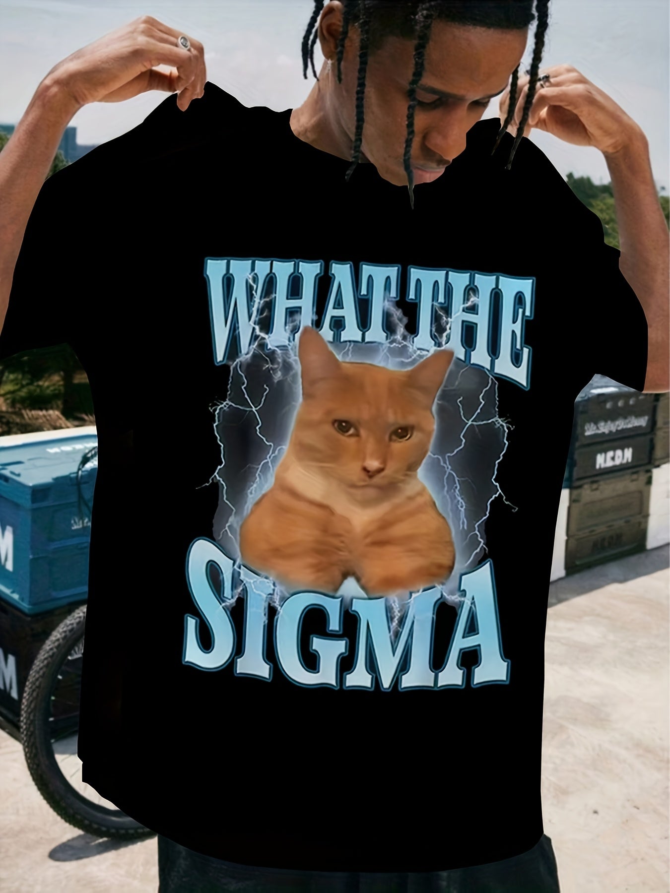 1pc "What The Sigma" Cat Meme Graphic T-Shirt, Unisex Crew Neck Tee, Regular Fit, 95% Polyester 5% Spandex, 150gsm - Adult Size