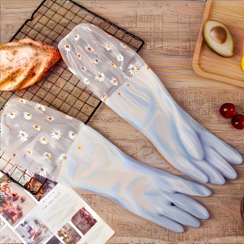 Waterproof Non-Slip Household Gloves with Floral Pattern, Long Sleeves, and Durable PVC Material - Perfect for Dishwashing, Laundry, and Cleaning in Kitchen, Bathroom, Living Room, and Bedroom. Made with Alcohol-Free Material. Includes 1 pair.