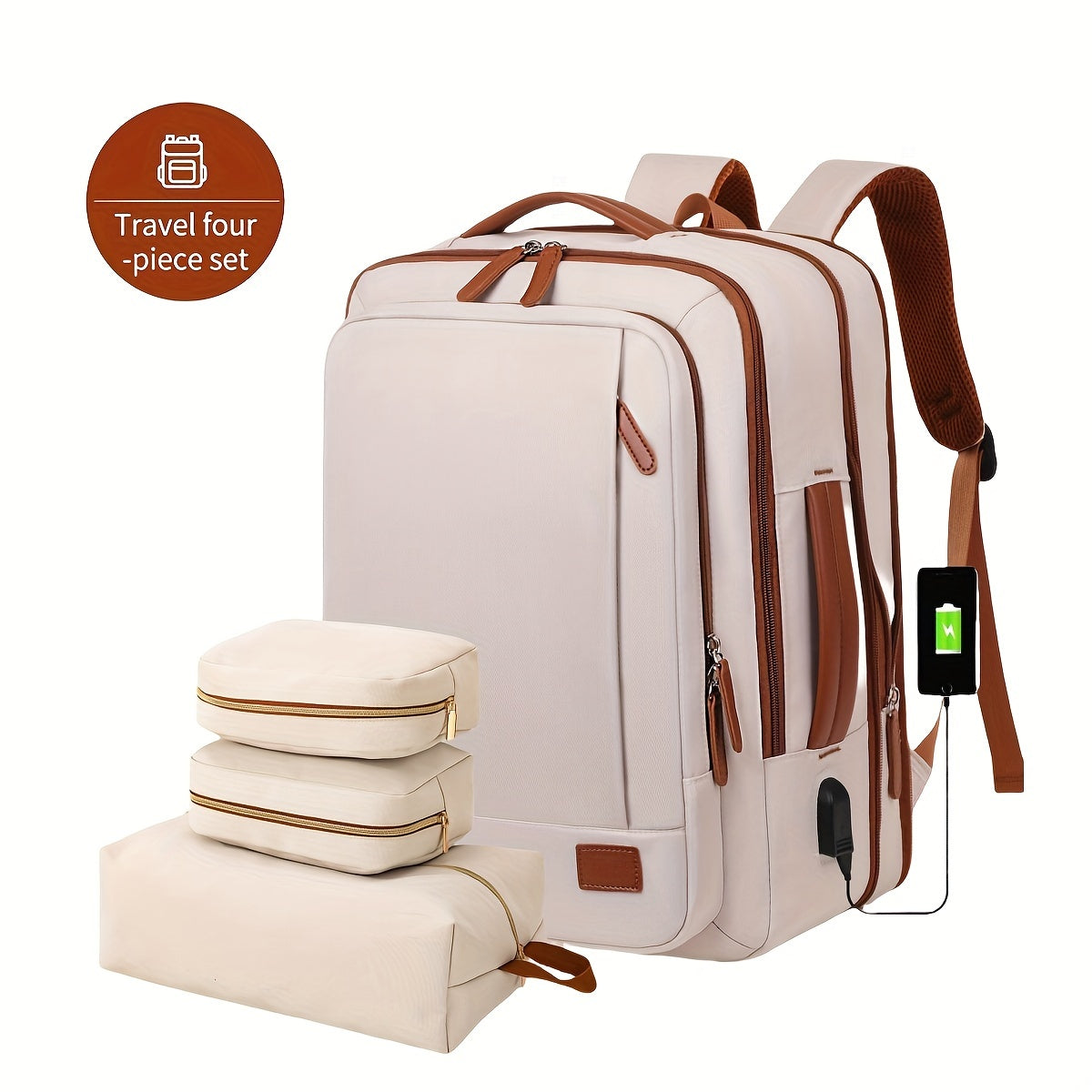 Myco 40L Flight Approved Carry-On Backpack with USB Port, 3 Cubes & Adjustable Straps – Stylish Nylon Travel Backpack for Men and Women, Weekender, College, or Office Use – White/Brown