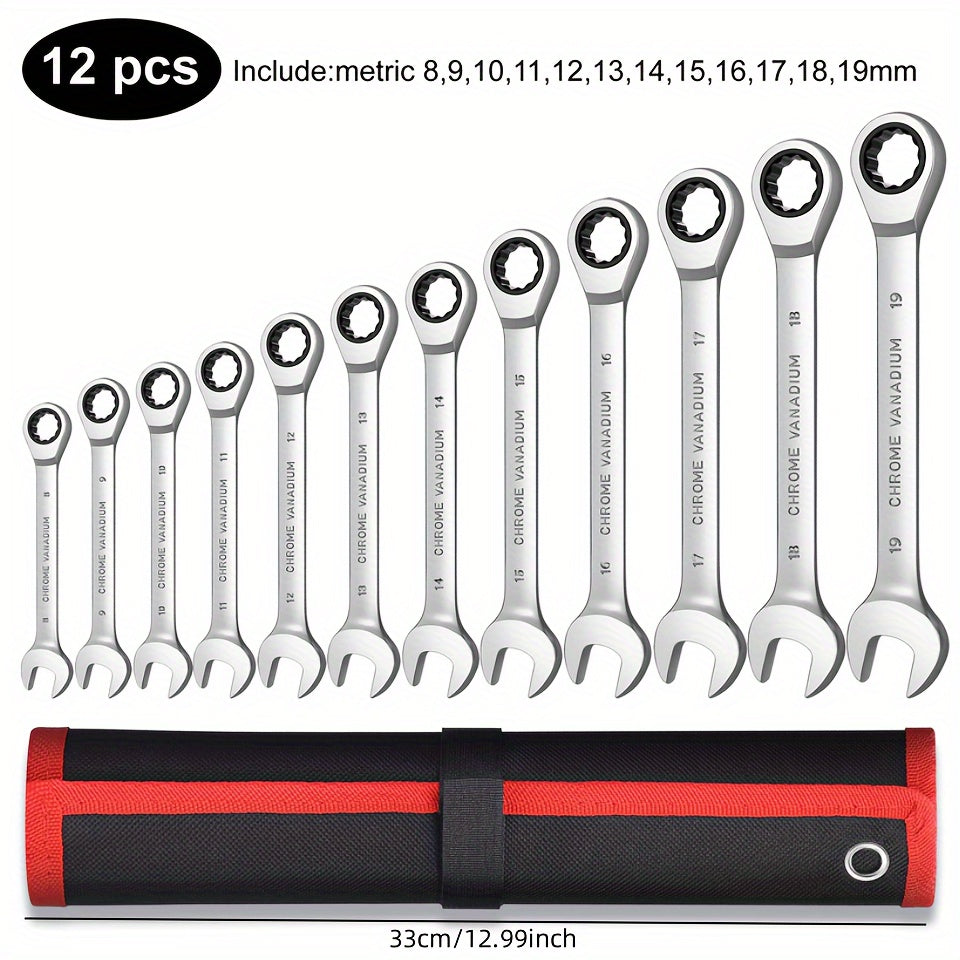 Wrench set with red and black bag, fixed head, ratchet design, open-end and hexagon wrenches, available in 8/9/12 pieces.