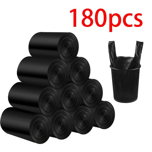 180 pieces of durable black plastic garbage bags that are thickened for added strength. These heavy-duty bags are leak-resistant and designed to save space, making them perfect for grocery shopping, storing items, and disposing of trash.