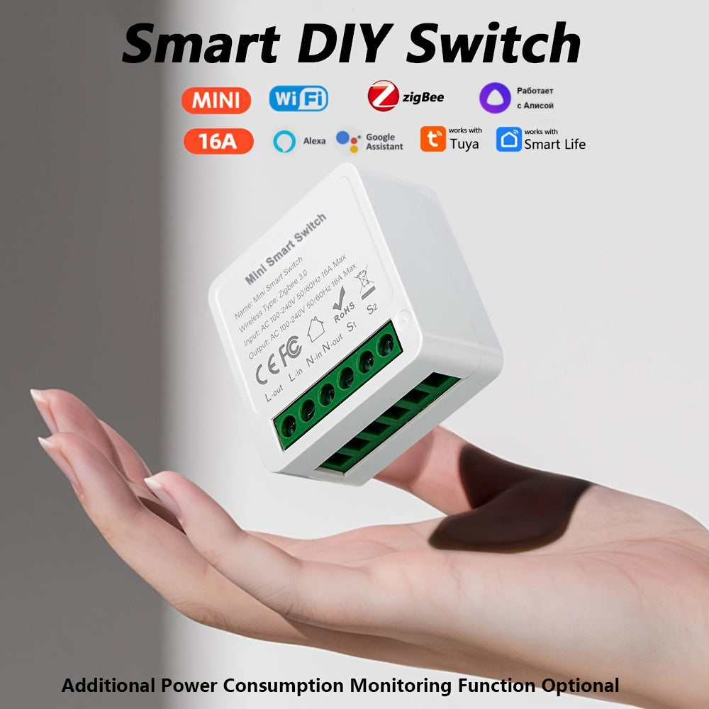 DIY 16A Power Switch Module with WiFi, ZigBee, Tuya app, voice control, 2-way power control, 110V/220V, app controlled, flush mount, for electronics - no battery needed.