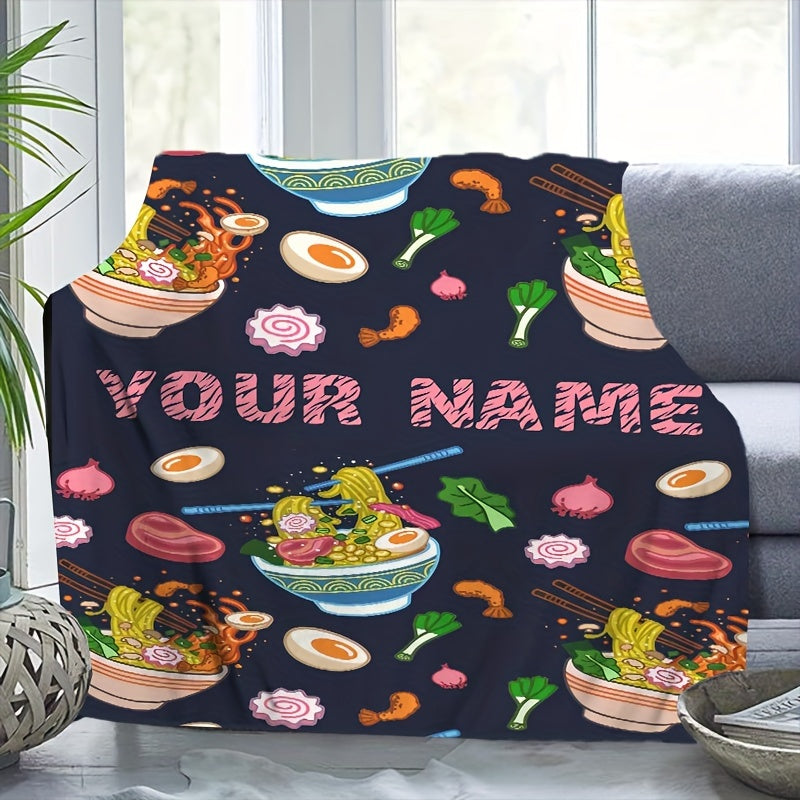 Personalized Fun Ramen & Pink Donut Food Blanket - Cozy Flannel, Versatile Throw for Bedroom, Travel & Picnics - Safe for Allergies, Dessert-themed, Perfect for Girls' Room Decor