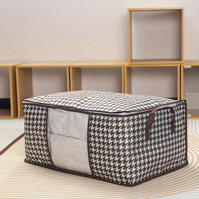 Lightweight portable storage bag with houndstooth window design, large-capacity wardrobe organizer for travel and clothing essentials.